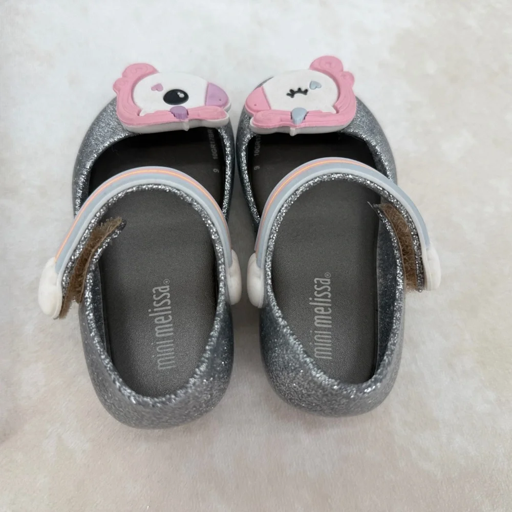 Mini Melissa Silver Glitter Unicorn Mary Jane Shoes with Pink Accents